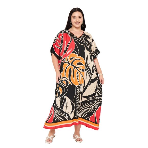 Gypsie Blu Leaf Printed Caftan Dresses for Women Polyester Plus Size Maxi Dress - Picture 1 of 6